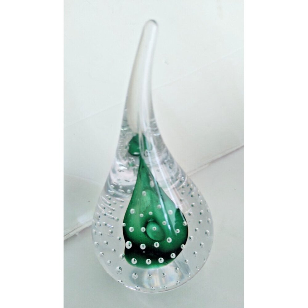 Adam Jablonski Green and Clear Art Hand Blown Glass Teardrop Paperweight Signed